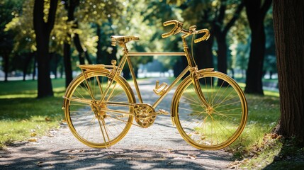Fototapeta premium Golden bicycle in fresh summer park
