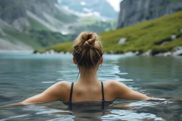 Fototapeta premium Close-up of woman practicing wild swimming, relaxing in mountain lake in nature, back view.
