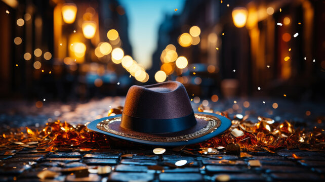 Elegant Fedora on Cobblestone: Post-Celebration Elegance - Golden Confetti, Magical Bokeh Lights - Perfect for Fashion, Event Services, Luxury Parties - Ai Generated