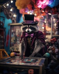 A raccoon dressed in a top hat and suit playing a game. Generative AI.