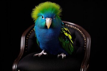A colorful bird sitting on a chair. Generative AI.