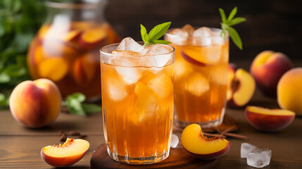 almond peach iced tea. iced tea with a hint of almond on wooden table