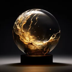 Fotobehang Golden liquid flowing out of a crystal ball. Generative AI. © serg3d
