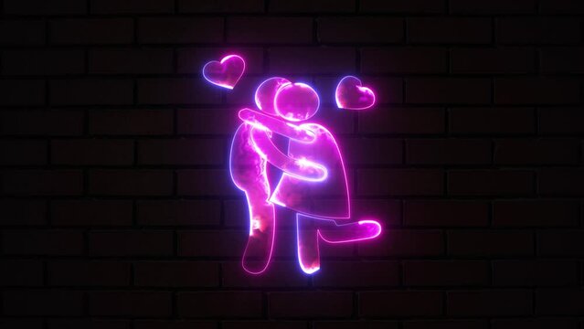 Bright neon romantic couple with shaved heads kissing on the mouth on brick wall. Concepts of emotions, love, relations, and romantic holidays. Silhouettes and illumination on a brick wall background