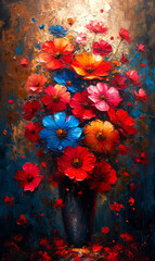 Colorful flowers in vase on grunge background, oil painting.