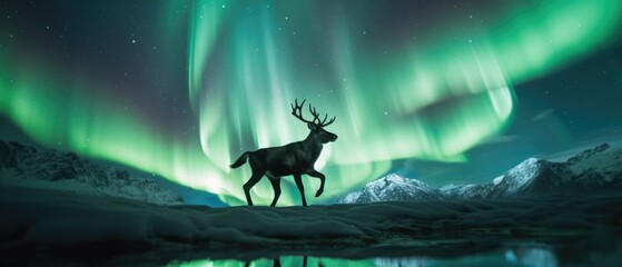 A deer stands in front of a green aurora boreal light. Generative AI.