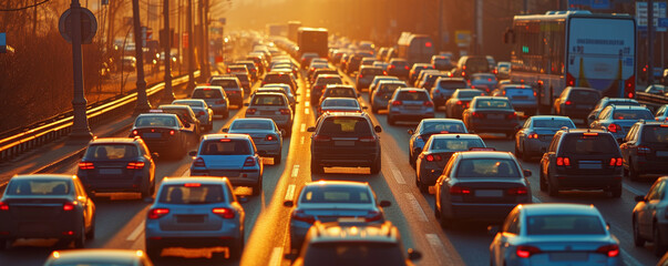 Traffic jam on a busy city highway - obrazy, fototapety, plakaty
