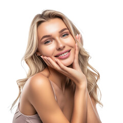 Beautiful beauty young woman blonde long hair posing and makeup style with touch her face and perfect skin, Facial treatment, Cosmetology, plastic surgery, isolated on white background, png - obrazy, fototapety, plakaty