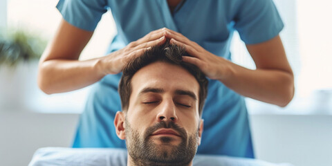 Boost energy massage of face head to male client business man with closed eyes by hands of masseur make . Natural scalp treatment and hair growth release stress and tiredness stimulation cosmetology