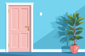 bright pink door with a white trim stands out against an blue wall in a modern and minimalist interior design