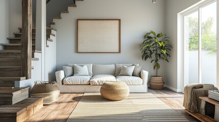 Loveseat sofa near wooden staircase. - obrazy, fototapety, plakaty