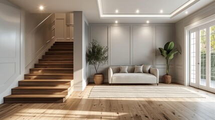 Fototapeta premium Loveseat sofa near wooden staircase.