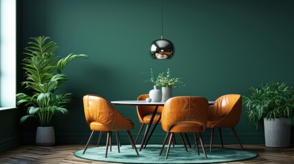 Orange leather chairs at round dining table against green wall. - obrazy, fototapety, plakaty