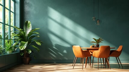 Orange leather chairs at round dining table against green wall.