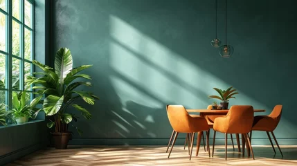 Fotobehang Orange leather chairs at round dining table against green wall. © sirisakboakaew