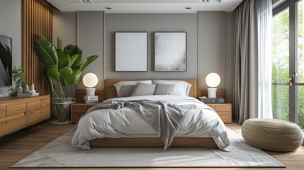 Scandinavian interior design of modern bedroom.