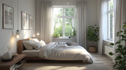 Scandinavian interior design of modern bedroom.