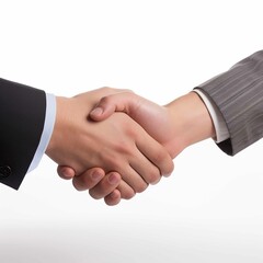 of handshake, two businessmen in suits shaking hands on a white background