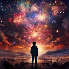 The big Chinese boy full of fireworks set off fireworks in the night sky, and the colorful fireworks burst into beautiful light, ring lighting, Two-dimensional, 4K, high resolution generative ai - obrazy, fototapety, plakaty