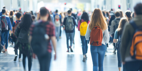 Students walking to class in a university - obrazy, fototapety, plakaty