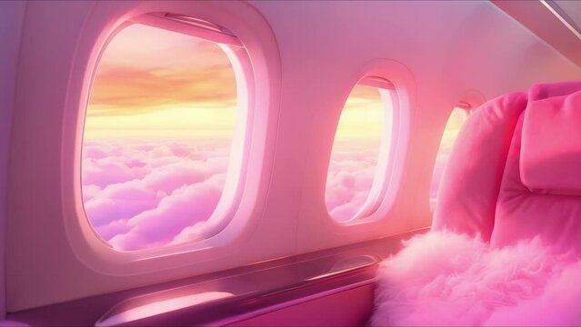 The stunning hues of orange and pink painted across the sky make for a breathtaking view from the private jet window, perfectly complementing the luxurious and sophisticated interior of the