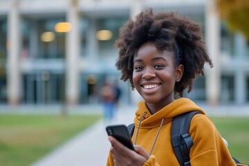 An African teen student smiling and holding a cellphone while looking away with a smartphone