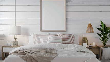 Fototapeta na wymiar Mockup frame in bedroom interior background, Farmhouse style. Ai Generative