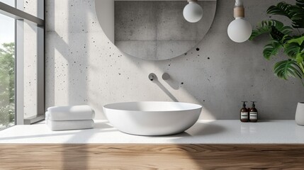 A white ceramic sink container sits on a granite countertop. Wall mirrors and pendant lights hang...