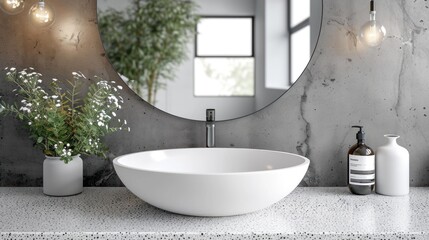 A white ceramic sink container sits on a granite countertop. Wall mirrors and pendant lights hang from the terrazzo walls.