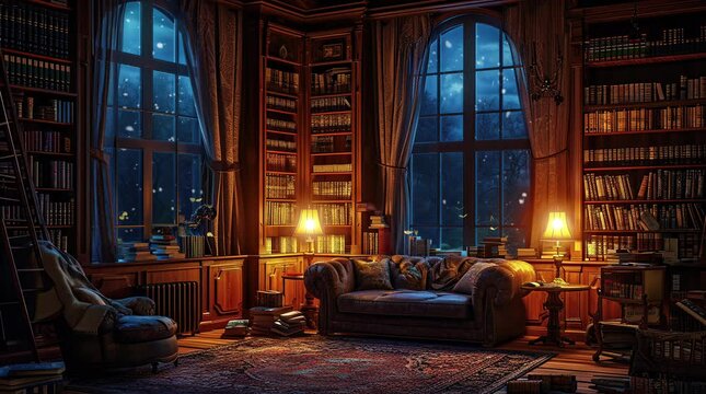 library room with big window on winter, Seamless looping 4k time-lapse virtual video animation background. Generated AI