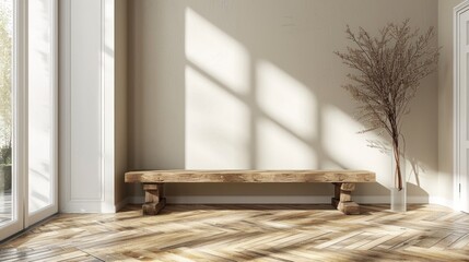 A wooden bench on a parquet floor with a glass door next to a beige wall with a copy space.