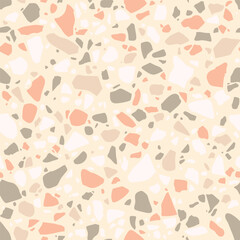 Textured floors decor. Terrazzo made by combining chips of marble chips, natural stone, quartz, glass and broken tiles. Kitchen and bathtubs surfaces print. Seamless pattern in beige color. Vector