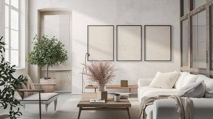 Mockup frame in interior background, room in light pastel colors . Ai Generative