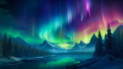 Fototapeta na wymiar Colorful Northern Lights Landscape