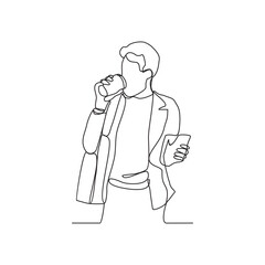 One continuous line drawing of a office workers who are eating and drinking during office breaks/lunch vector illustration. Office worker activity illustration in simple linear style vector concept.