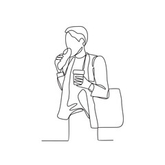 One continuous line drawing of a office workers who are eating and drinking during office breaks/lunch vector illustration. Office worker activity illustration in simple linear style vector concept.
