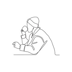 One continuous line drawing of a office workers who are eating and drinking during office breaks/lunch vector illustration. Office worker activity illustration in simple linear style vector concept.
