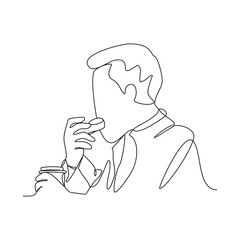 One continuous line drawing of a office workers who are eating and drinking during office breaks/lunch vector illustration. Office worker activity illustration in simple linear style vector concept.