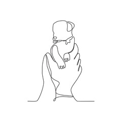 One continuous line drawing of someone is playing with their pet by hugging and carrying it as vector illustration. Playing with pets activity illustration in simple linear style vector concept.