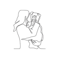 One continuous line drawing of someone is playing with their pet by hugging and carrying it as vector illustration. Playing with pets activity illustration in simple linear style vector concept.