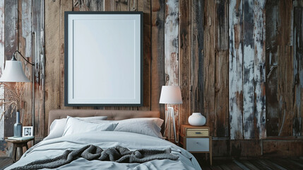Mockup frame in rustic bedroom interior background. Ai Generative
