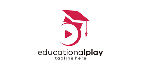 logo design combining the shape of a graduation cap with a play sign, educational logo design.