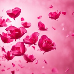 Flying pink rose petals against a pink background