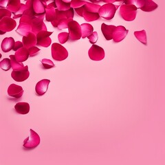 Flying pink rose petals against a pink background