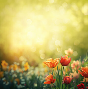 Springtime fresh red tulips in a green yellow vertical nature background image with blurred copy space at top