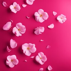 Fototapeta na wymiar Flying pink rose petals against a pink background