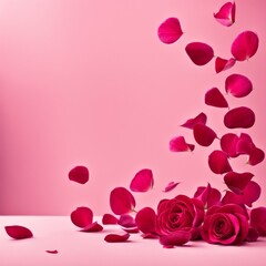Fototapeta na wymiar Flying pink rose petals against a pink background