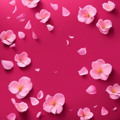 Flying pink rose petals against a pink background