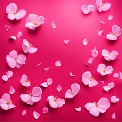 Obraz premium Flying pink rose petals against a pink background