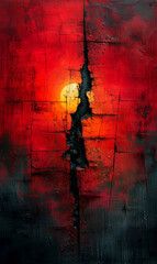 Grunge wall with crack and sun at sunset, abstract background.